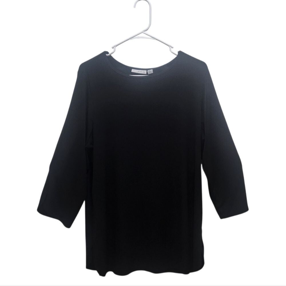Susan Graver Liquid Knit Classic Black 3/4 Sleeve Top Size L Minimalist Neutral